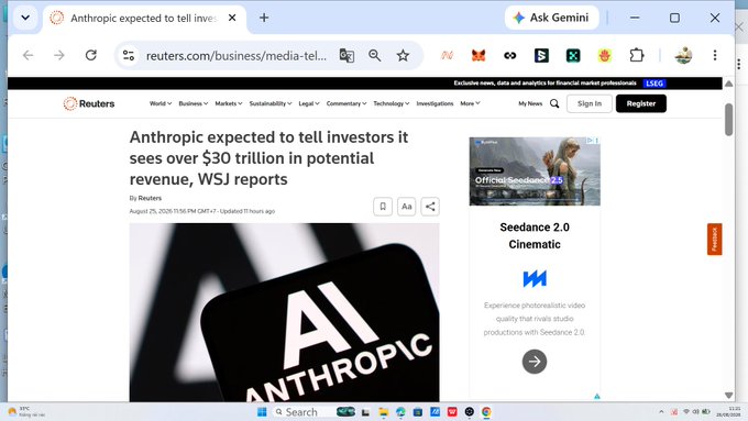 A Reuters news article displayed in a browser with the headline 'Anthropic expected to tell investors it sees over $30 trillion in potential revenue, WSJ reports,' featuring an Anthropic AI logo image.