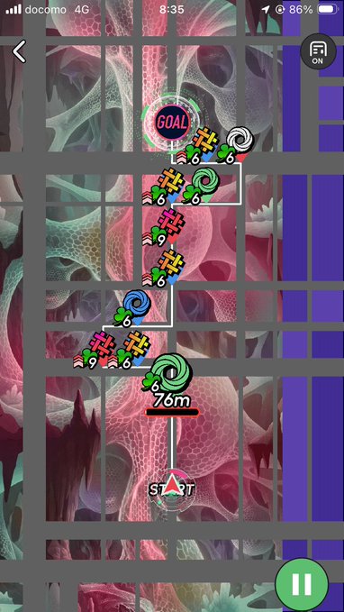 A mobile game level map showing a winding path with 'GOAL' at the top, 'START' at the bottom, and a distance of '76m' along various colorful item icons.