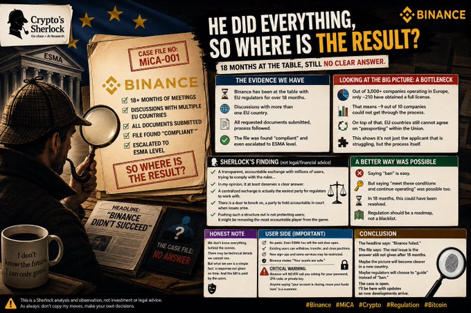A Sherlock Holmes-themed infographic titled "Case File No: MiCA-001" by "Crypto's Sherlock" investigates Binance's 18 months of regulatory engagement in the EU under MiCA regulations, highlighting that despite numerous meetings, document submissions, and a "compliant" file escalation to ESMA level, Binance has not received a full license while only ~210 of 3,000+ crypto companies operating in Europe have obtained one.