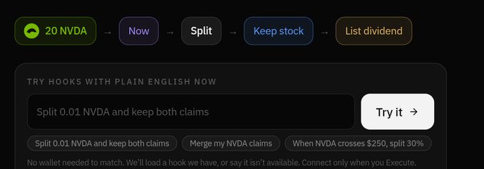 A screenshot of a crypto interface showing tabs like "20 NVDA", "Now", "Split", "Keep stock", and "List dividend", along with a prompt to "TRY HOOKS WITH PLAIN ENGLISH NOW" and a "Try it" button.