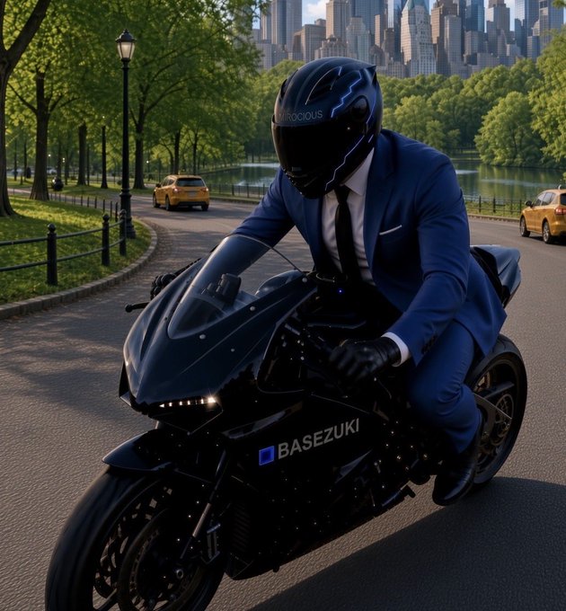 A person in a blue suit and black helmet rides a black motorcycle with 'BASEZUKI' written on it, set against a city park backdrop.