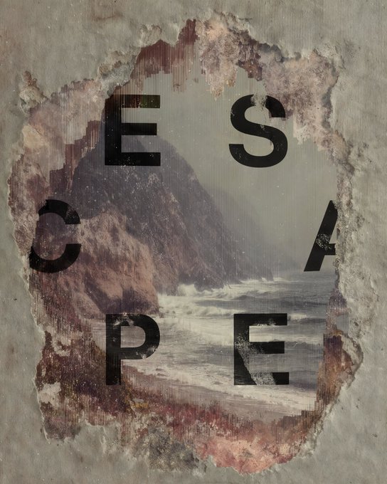 The image shows a weathered concrete wall with a jagged opening revealing a seascape with crashing waves against rocky cliffs, overlaid with the bold black letters spelling "ESCAPE." The distressed, eroded aesthetic visually reinforces the post's theme of "escape," evoking a sense of breaking free or finding a hidden passage from confinement.