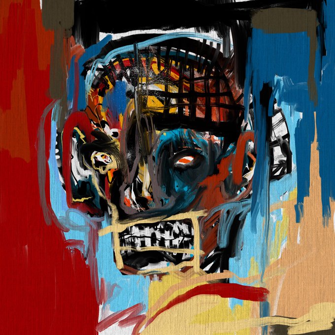 An abstract expressionist painting of a distorted, menacing face with bared teeth and grid-like patterns, rendered in bold red, blue, black, and yellow brushstrokes reminiscent of Jean-Michel Basquiat's style.