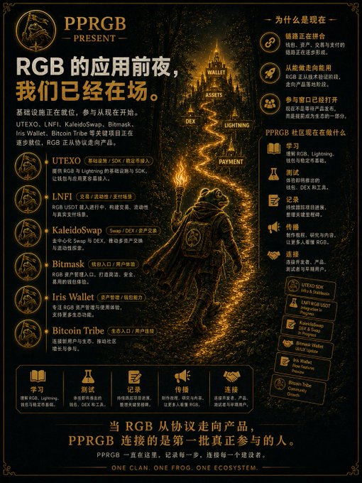A detailed Chinese-language infographic titled 'PPRGB Present' about RGB ecosystem applications, featuring illustrations of a cloaked figure, a frog, and lists of projects like UTEXO, LNFI, and KaleidoSwap.
