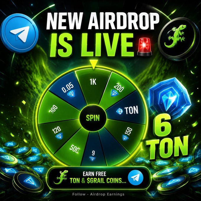 A promotional graphic for a crypto airdrop on Telegram featuring a spinning wheel of prizes, displaying text "NEW AIRDROP IS LIVE" alongside rewards of "6 TON" and instructions to "EARN FREE TON & $GRAIL COINS." The image visually supports the post's message by showcasing the spin-to-earn mechanism for claiming free $TON and $GRAIL tokens via the Grainlings platform, with Telegram and dollar sign icons reinforcing the call-to-action.