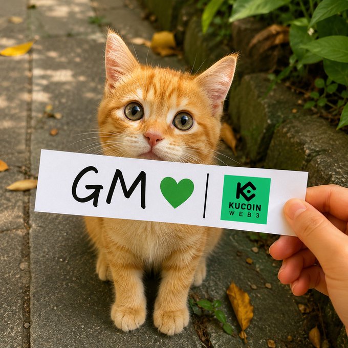 An orange tabby kitten holds a sign reading "GM 💚" alongside a KuCoin Web3 logo, matching the post's cheerful "GM" greeting. The hand offering the sign extends the crypto community's playful morning ritual to the adorable feline, inviting viewers to respond with their own GM.