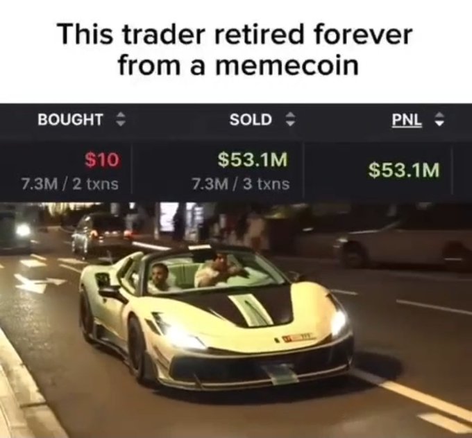 A meme captioned 'This trader retired forever from a memecoin' shows trading results: BOUGHT $10, SOLD $53.1M, PNL $53.1M, above an image of people in a white Ferrari convertible.