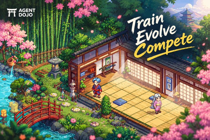 A colorful pixel-art scene from Agent Dojo featuring a Japanese garden, cherry blossoms, small characters, and the title “Train Evolve Compete.”
