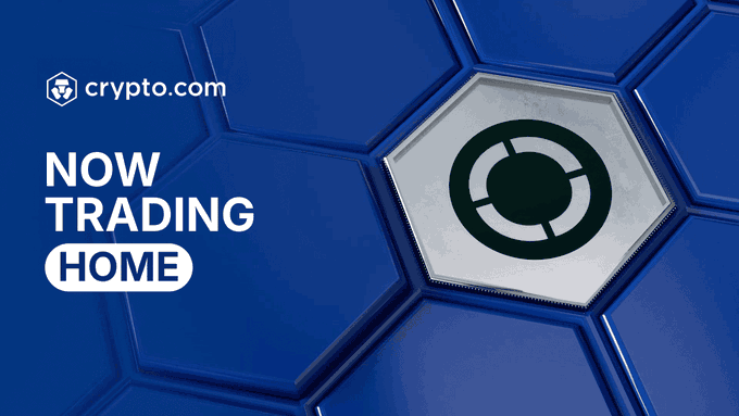 Crypto.com announces that Defi App ($HOME) is now trading on the Crypto.com App, featuring a blue hexagonal design with the Crypto.com logo and "NOW TRADING HOME" text.