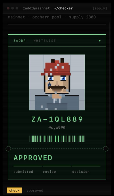 A terminal-style interface displays a Zcash wallet whitelist approval for "ZA-1QL889" (@syu990) on the mainnet with an orchard pool supply of 2800, showing an "APPROVED" status with a pixelated mushroom-character avatar. The image illustrates the user's boast about securing an early whitelist spot on @zaddrnet, positioning themselves ahead of larger influencers who are now scrambling to join amid ZEC's price surge.