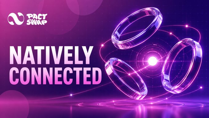 A PactSwap promotional graphic with 'NATIVELY CONNECTED' text and an infinity logo against a purple background with floating ring graphics.
