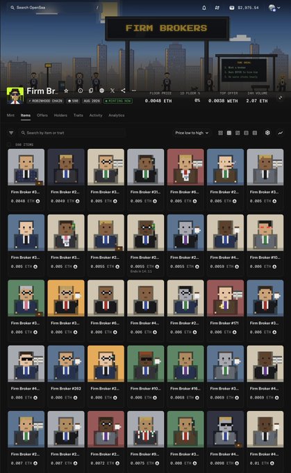 Screenshot of an NFT collection called 'Firm Brokers' on OpenSea featuring pixel art character avatars in business attire, with stats showing nearly 70% listed.