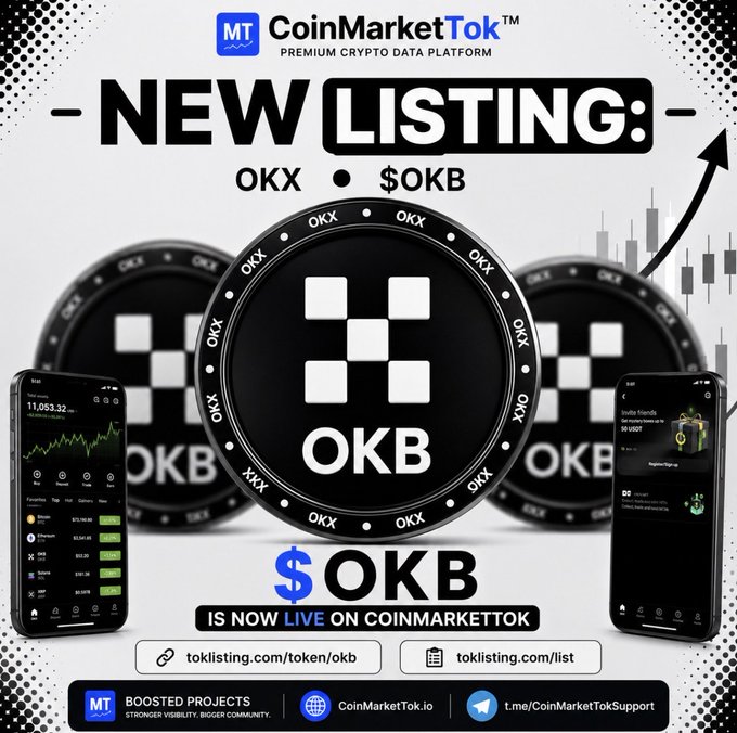 CoinMarketTok promotional graphic announcing a new listing for OKX ($OKB), showing the token logo, mobile app previews, and a candlestick chart with an upward arrow.
