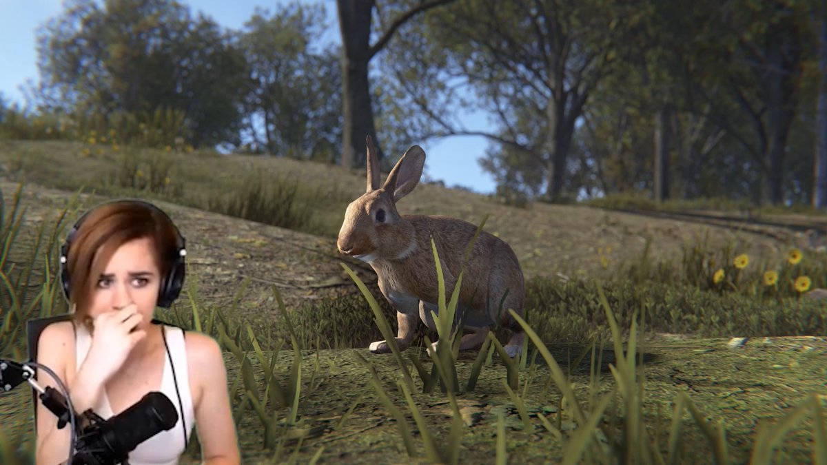 A composite image showing a woman with headphones in front of a microphone on the left, and a video game-style rabbit sitting in a grassy field with trees on the right.