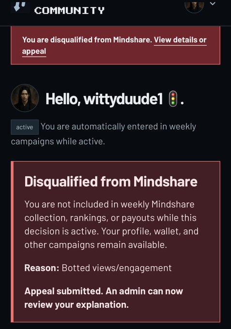 The image shows a community dashboard notification for user "wittyduude1" displaying a disqualification from Mindshare due to "Botted views/engagement," with a pending appeal submitted for admin review. This relates to the accompanying post where the user (@wittyduude1) complains about being unfairly flagged as a bot by $KNOTS (@KnotsOnStonk) despite their organic engagement efforts.