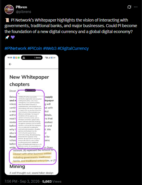 A tweet from Plbren (@plbrens) displays a highlighted excerpt from Pi Network's whitepaper, specifically emphasizing the mention of "governments, traditional banks, and traditional enterprises" in section "(e)," paired with the hashtags #PiNetwork #PiCoin #Web3 #DigitalCurrency. The post poses the question of whether Pi could become the foundation of a new digital currency and global digital economy, directly supporting the accompanying text's discussion about Pi Network's potential to challenge traditional banking systems.
