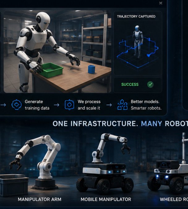 A robotics infrastructure advertisement titled 'ONE INFRASTRUCTURE. MANY ROBOTS,' showing training data generation, processing, and multiple robot types including a manipulator arm, mobile manipulator, and wheeled robot.