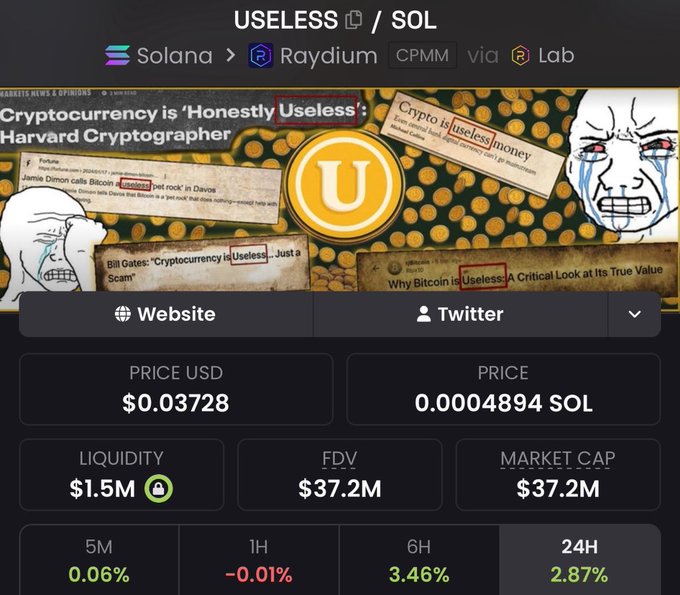 The image shows a meme-style cryptocurrency dashboard for the token "USELESS" (ticker: USELESS/SOL) on Solana via Raydium, displaying a price of $0.03728 (0.0004894 SOL), a market cap of $37.2M, and liquidity of $1.5M, accompanied by satirical "useless money" headlines and crying wojak imagery. The post references this token by ticker ($useless), suggesting the displayed $0.03728 price is a strong entry point before an anticipated move to 0.08, tying directly to the coin's stats and irony-laden branding shown in the image.