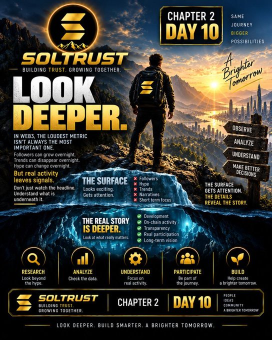 A promotional graphic titled 'SOLTRUST - BUILDING TRUST. GROWING TOGETHER' for 'CHAPTER 2 DAY 10' with the headline 'LOOK DEEPER', depicting a figure standing on a cliff above an iceberg illustration contrasting surface-level web3 metrics with real story values like Development, On-chain activity, and Transparency.