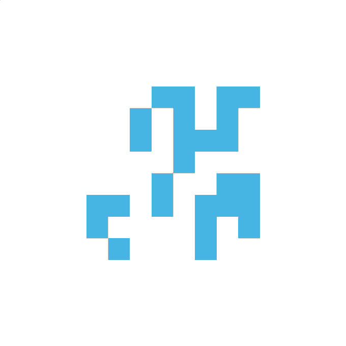 A pixel art design composed of various blue squares arranged into a structured, abstract shape on a white background.