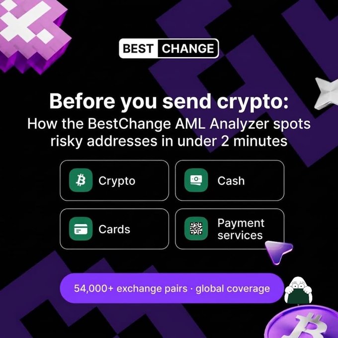 A promotional graphic for 'BEST CHANGE' advertises their AML Analyzer for spotting risky addresses, featuring categories for Crypto, Cash, Cards, and Payment services, along with '54,000+ exchange pairs - global coverage'.