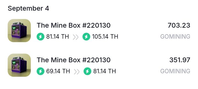 A mobile app screenshot dated September 4 showing 'The Mine Box #220130' earnings from GOMINING, displaying 703.23 and 351.97 with hash rate increases from 81.14 TH to 105.14 TH and 69.14 TH to 81.14 TH.