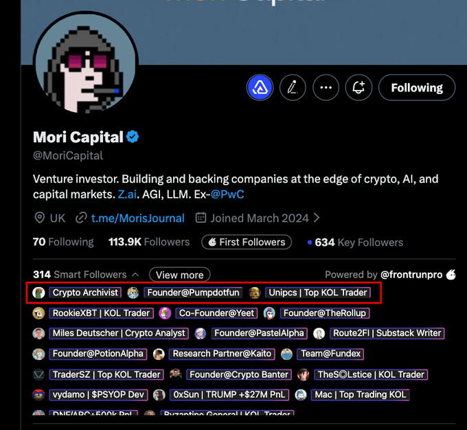 A Twitter/X profile page for Mori Capital (@MoriCapital), a UK-based venture investor with 113.9K followers, highlighting that the account has 314 "Smart Followers" (powered by @frontrunpro) including notable crypto KOLs like Crypto Archivist, Founder@Pumpdotfun, and Unipcs (top KOL Trader)—suggesting the credibility backing the bullish $FRONT, $KINS, and Solana P2E rotation thesis in the post.