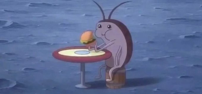 A cartoon character resembling a coin or seed sits at a small table with a burger, appearing to wait patiently, mirroring the patience required of crypto investors waiting for the next market bottom after missing previous opportunities. The lone figure on an empty plain evokes the lonely, extended vigil of those holding out for the perfect entry point.