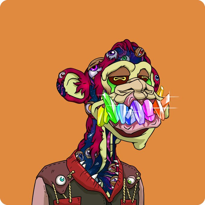 A colorful NFT-style cartoon ape character with green skin, rainbow-colored teeth, multiple eyes scattered across its red fur, and a brown outfit against an orange background.