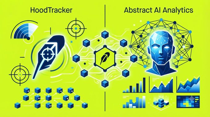 This graphic compares "HoodTracker" and "Abstract AI Analytics," using stylized icons like a quill and a robotic head to represent tracking and data analysis within a technological ecosystem.
