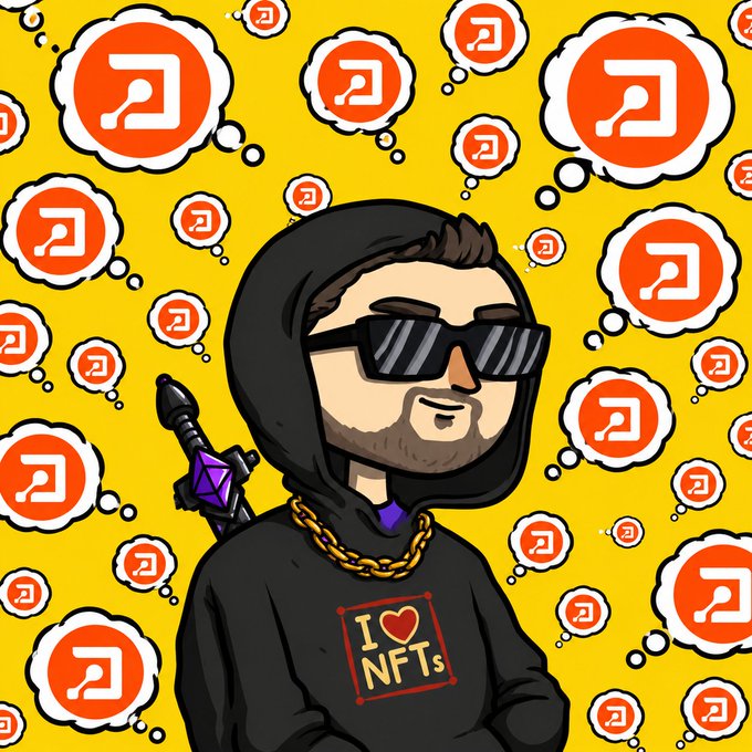 A cartoon illustration of a bearded man wearing sunglasses and a black hoodie reading 'I ❤ NFTs', standing against a yellow background patterned with orange circular logos.