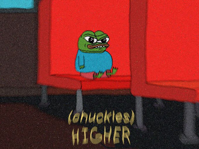 A green Pepe frog wearing glasses and a blue sweater sits on a red chair, looking tense, with yellow text reading "(shuckles) HIGHER" below it—evoking the ominous prediction of rising yields as humorously bullish for Bitcoin.