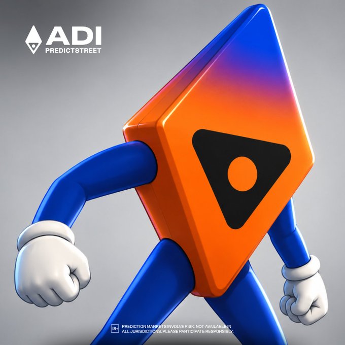 A muscular mascot featuring an orange play-button-style "ADI PREDICTSTREET" logo as its body stands in a confident pose, with a disclaimer at the bottom noting that prediction markets involve risk and participants should partake responsibly. The image reinforces the "Built differently" theme by depicting a powerful, action-ready figure ready to deliver bold predictions.