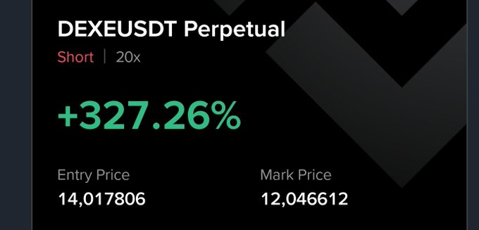 This image displays a DEXElUSDT perpetual short trade with a 20x leverage that achieved a +327.26% profit, with an entry price of 14.017806 and a mark price of 12.046612.