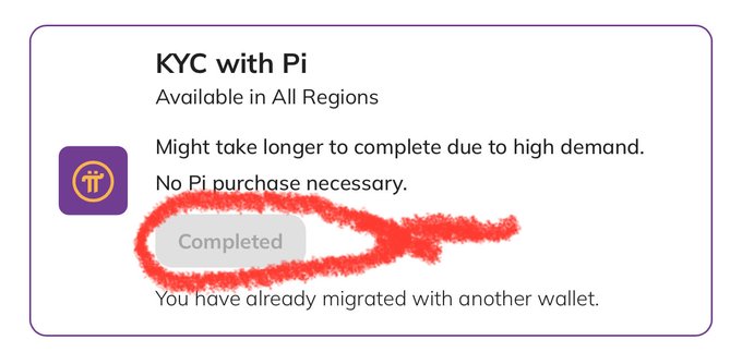 A screenshot of a Pi wallet KYC verification status showing "Completed" with the message "You have already migrated with another wallet," circled in red, illustrating a common frustrating issue Pi Pioneers face when their migration has already been claimed by a different wallet.