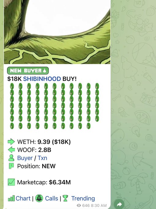 The image shows a "New Buyer" notification for the $WOOF token (Shibinhood), highlighting a $18K buy of 2.8B $WOOF using 9.39 WETH, with a marketcap of $6.34M and 646 views at 8:30 AM—celebrating a fresh large holder of the dog-themed meme coin, tying into the post's excitement about a new $WOOF "legend" claiming their throne.