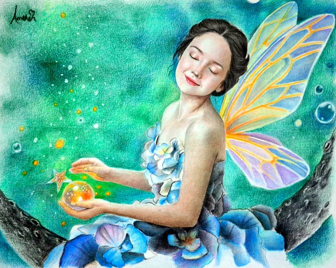 The image features a woman with wings, dressed as a fairy or mermaid, holding an orange orb in her hands. The background of the image is green, which complements the blue dress she's wearing. The image also includes text that reads "QT quote your Tezos art x.com/i/status/20274".