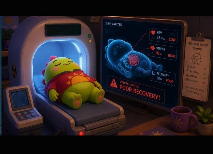A 3D illustration of a green character sleeping in a medical scanning bed next to a monitor displaying an 'X-RAY ANALYSIS' with metrics like Heart Rate (LOW), Stress (HIGH), and an Overall Status of 'POOR RECOVERY!'.