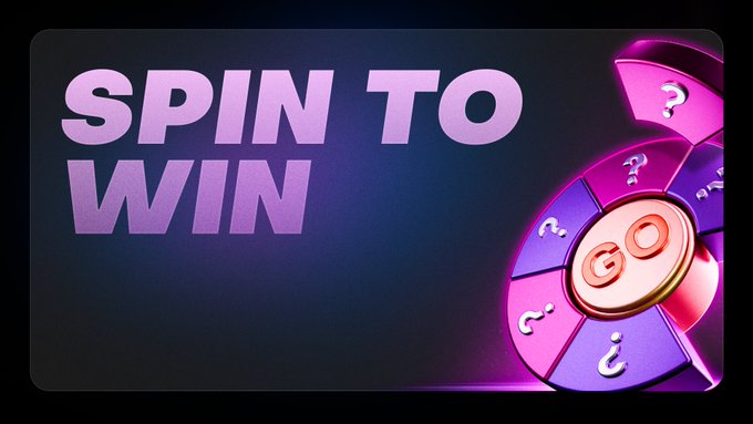 A vibrant purple promotional graphic featuring the text "SPIN TO WIN" alongside a colorful 3D prize wheel adorned with question marks, a gold "GO" token, and dollar signs, inviting users to visit Sweat Wallet for a chance to win $SWEAT tokens.