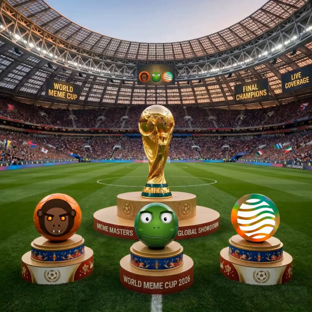 The image features a soccer stadium with three trophies displayed at various locations around the field. The first trophy is placed near the center of the field, while the second one is positioned closer to the left side of the field. The third trophy is located more towards the right side of the field. In addition to these trophies, there are also two animated characters in the image: a monkey and a gecko. These characters appear to be engaged in a conversation or reacting to something happening around them.