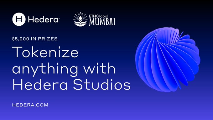 Hedera promotional graphic with ETHGlobal Mumbai branding, “$5,000 IN PRIZES,” “Tokenize anything with Hedera Studios,” and “HEDERA.COM.”