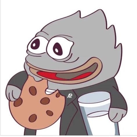 An illustration of a grey cartoon character with large eyes, wearing a suit and holding a chocolate chip cookie and a coffee cup.