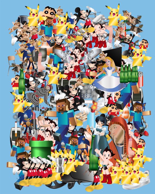 A chaotic collage of various pop culture characters and objects including Pikachu, Mickey Mouse, Mario, Astro Boy, Minecraft Steve, and Alice in Wonderland on a blue background.