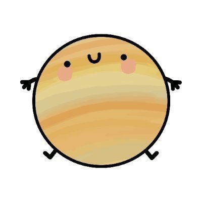 A cartoon illustration of a round, orange-striped planet character with a cute smiling face, blushing cheeks, and small arms and legs.