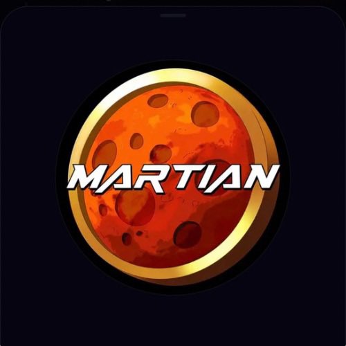 A circular Martian-themed logo features a red planet with craters encircled by a gold ring, with the word "MARTIAN" displayed in bold white stylized text across the center, representing the $MARTIAN token central to the MarsCoin flywheel rewards system.