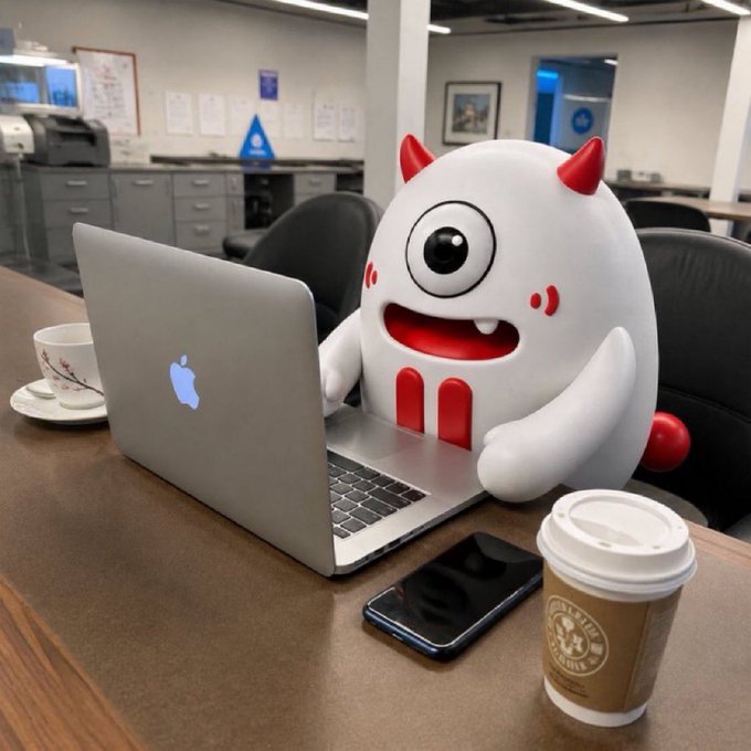 A whimsical white monster character with red horns working intently on an Apple laptop at a desk in an office, accompanied by a teacup, smartphone, and a Starbucks coffee.