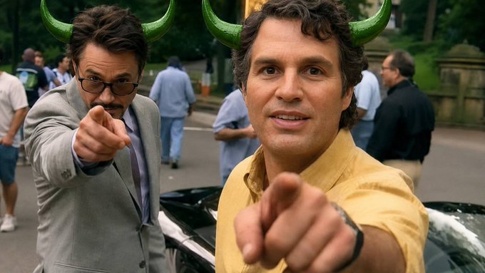 Two men point at the camera, both wearing bright green devil horns on their heads, standing outdoors in what appears to be a park setting.