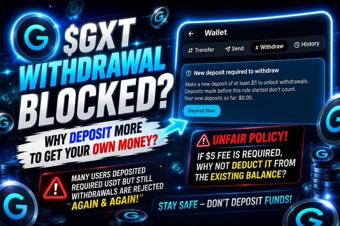 A warning graphic highlighting a "$GXT withdrawal blocked" issue, showing a wallet interface demanding "a new deposit of at least $5 to unlock withdrawals" despite existing balances. The image illustrates the post's concern by displaying red-flag callouts that question the fairness of requiring additional USDT deposits when the fee could simply be deducted from the current balance, advising users not to deposit funds.