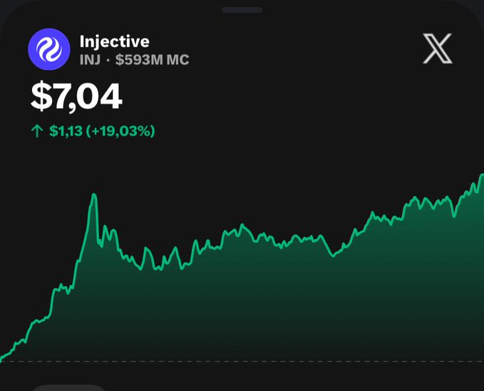 A trading chart screenshot for Injective (INJ) showing a price of $7.04 with a green upward arrow indicating a gain of $1.13 (+19.03%), and a market cap of $593M.