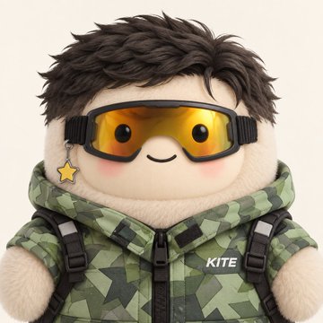 A 3D-rendered plush-style character wearing yellow ski goggles and a green camouflage jacket with 'KITE' text on the chest.